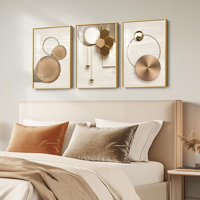 Framed Modern Luxury Gold Wall Art for Living Room, 3 Piece Bright Style Art Prints Paintings Artwork for Walls, Bronze Cirle Geometric Pictures for Dining Room Office Bedroom Hallway Wall Decor 16x24 In - Image 5
