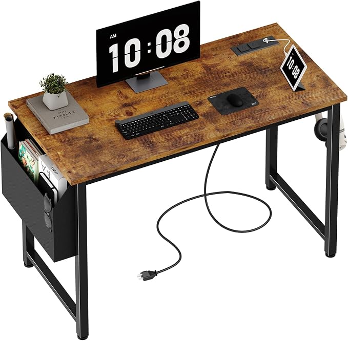 Lufeiya 40 inch Computer Desk with Power Outlet, 39 inch Teen Study Table Home Office Work Writing Desk with Charging Station Outlets Built in, Rustic Brown by LUFEIYA