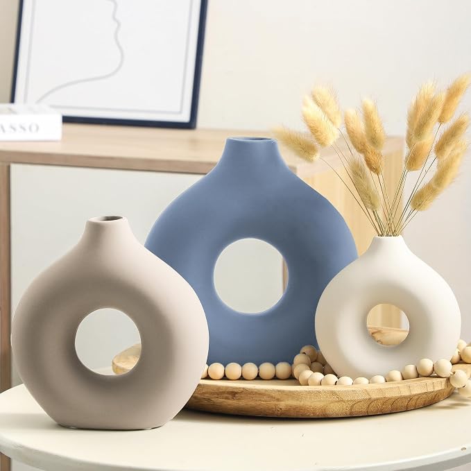 Vanselia Ceramic Vase Home Table Decor - Flower Vases Set of 3 Small Living Room Centerpiece Decorations for Shelf Bedroom Office Kitchen Dining Desk Modern Aesthetic Farmhouse Decorative (Blue) - Image 3