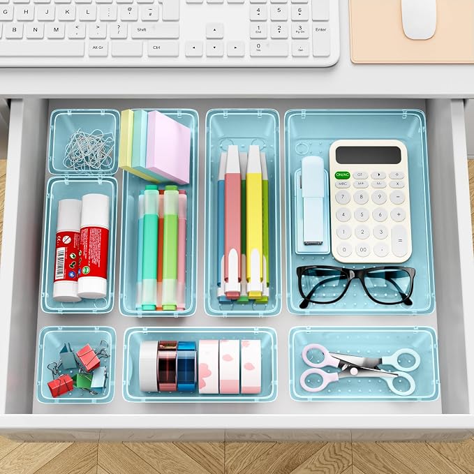 ElegantArray 12 PCS Drawer Organizer Set, Makeup Organizers, Sea Blue | 4 Sizes, Plastic, Stackable, Multiple Gadgets, Desk Drawer Divider Organizers, for Makeup, Office Supplies Storage - Image 6