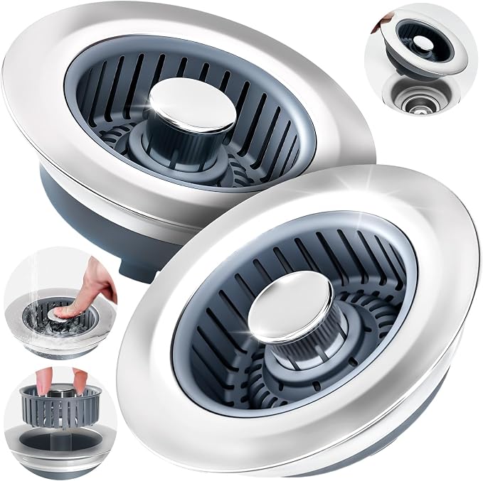 zaa 3 in 1 Kitchen Sink Drain Strainer Stopper Removable Basket Pop-Up | Kitchen Sink Accessories 2 Pack Silver Stainless - Food Catcher, Odor-Blocking Seal, Fits 3.5" Drain, Easy Clean by zaa