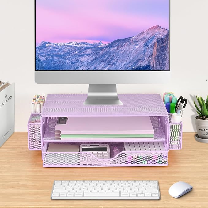 AUPSEN Computer Monitor Stands Riser，2-Tier Desk Organizers and Accessories, Office Desk Accessories Organizer with Drawers and 2 Pen Holder for Office Supplies (Purple) - Image 5