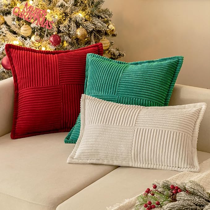 MIULEE Decorative Euro Sham Throw Pillow Covers for Couch Bed Livingroom 24x24 Inch Set of 2 Red Boho Accent Throw Pllows Broadside Striped Patchwork Soft Corduroy Pillowcases - Image 6