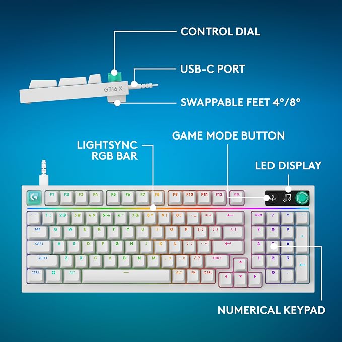 Logitech G316 X 98 MechanicalGaming Keyboard (Tactile) - White | Hot-Swappable Tactile Mechanical Switches, Gasket Design, PBT Keycaps, <8Khz, LIGHTSYNC RGB, Dot-Matxix LED Display, USB-C - Image 11