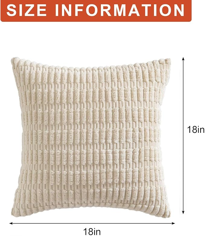 Aegero Pack of 2 Corduroy Decorative Throw Pillow Covers 18x18 Inch Soft Striped Pillow Covers Modern Farmhouse Home Decor for Sofa Living Room Couch Bed(Cream White) - Image 7