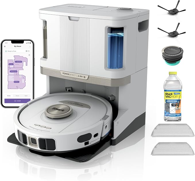 Shark PowerDetect NeverTouch Pro Robot Vacuum & Mop, White, AV2810ZEWH | 5 PowerDetect Technologies, NeverStuck, NeverTouch Pro Base (Self-Empty, Self-Refill, Pad Wash/Dry), 360° LiDAR + 3D Sensor by Unknown