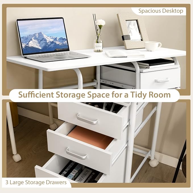 Folding Computer Desk with 6 Wheels, 41.5" Modern Steel Collapsible Home Office Desk with 3 Storage Drawers, Portable Writing Laptop Desk for Bedroom, Study, Small Space, Home Office, White - Image 4