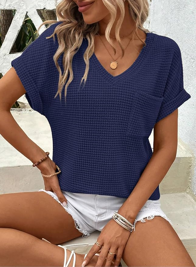 Dokotoo Womens Waffle Knit Tops 2026 Spring Summer V Neck Shirts Casual Trendy Women's Blouses Basic Tee - Image 3