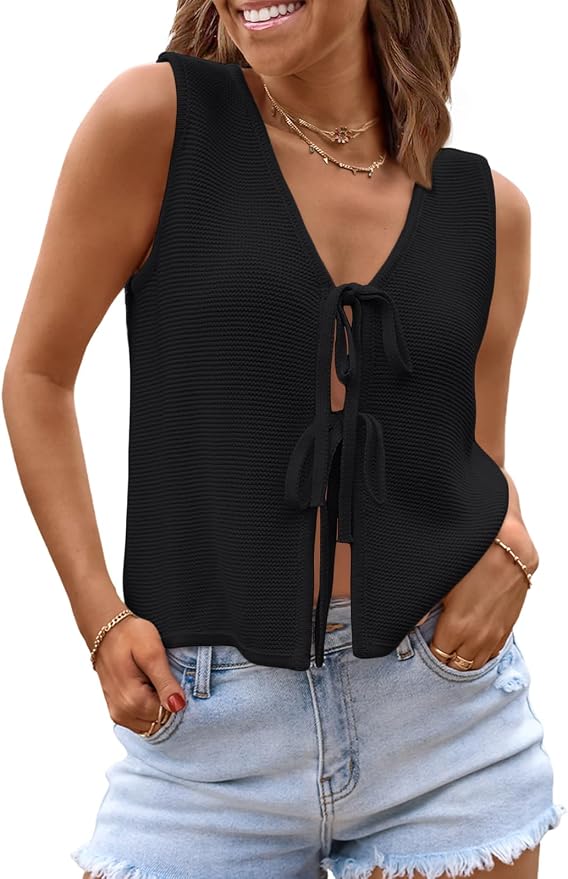 LILLUSORY Womens Tie Front Tops Vacation Sweater Vest | Bohemian Style, Beach Resort Wear, Concert Western Outfits, Crochet Tops, Vacation Outfits, Cute Y2k Sleeveless 2026 by Lillusory