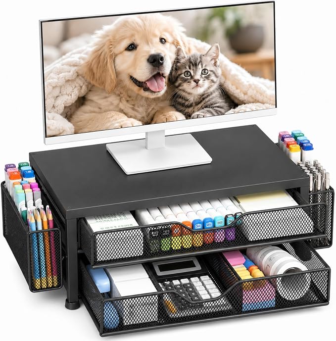 OPNICE Desk Organizer and Accessories, 2-Tier Computer Monitor Stand Riser with Drawer and 2 Pen Holders, Laptop Stand, Office Desk Accessories for Office Supplies, Black-2D by OPNICE