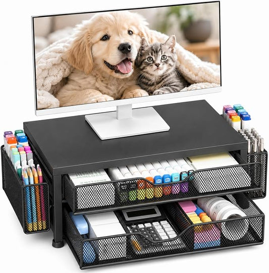 OPNICE Desk Organizer and Accessories, 2-Tier Computer Monitor Stand Riser with Drawer and 2 Pen Holders, Laptop Stand, Office Desk Accessories for Office Supplies, Black-2D by OPNICE