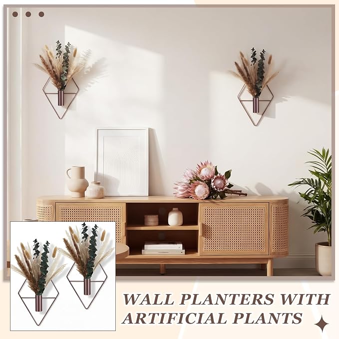 Jexine 4 Pcs Hanging Planters with Artificial Pampas Metal Hanging Vase Indoor Plants Holder Modern Geometric Boho Bathroom Wall Decor for Living Room Home Office, Bronze - Image 6