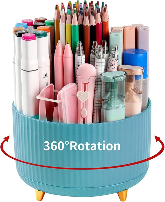 Desk Pencil Pen Holder, 5 Slots 360°Degree Rotating Organizers for, Desktop Storage Stationery Supplies Organizer, Cute Cup Pot Office, School, Home, Art Supply, Blue by EDENMS