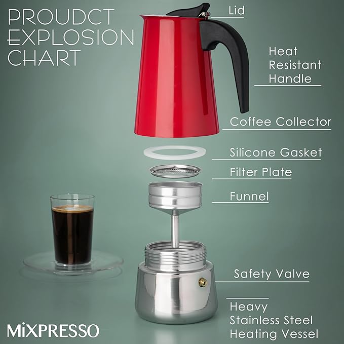Mixpresso 9 Cup Greca Moka Pot Red Stainless Steel Stovetop Espresso Maker | 450ml/15oz Italian stovetop coffee maker with classic percolator design, ideal for preparing coffee at home or while camping - Image 2