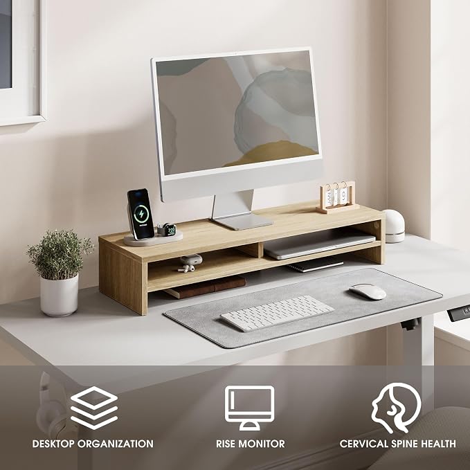 Fenge 31.5 Inch Dual Monitor Stand Riser for Desk, Oak | Wooden Desk Shelf, 2-Tier Open Storage Compartment, for PC Laptop Screen Printer, Home Office Desktop Organizer - Image 2