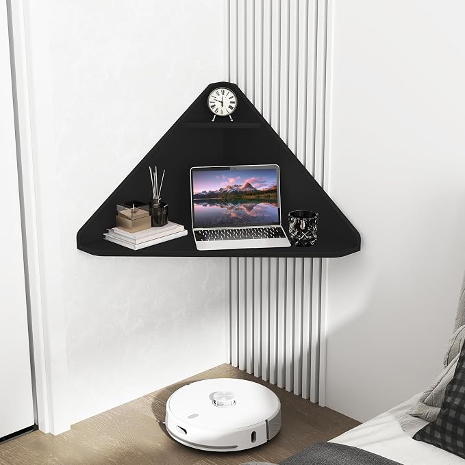 GOFLAME Floating Corner Desk, Wall Mounted Triangular Computer Desk w/Storage Shelf, Space-Saving Design, 90° Wooden Floating Home Office Desk for Writing, Working, Studying (Black) - Image 6