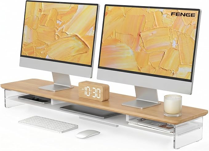Fenge 42.5" Dual Monitor Stand with Clear Acrylic Legs, Dark Oak | Clear acrylic, storage compartment, 2-tier home office monitor riser, wide large desktop shelf fit monitor/laptop/printer by Fenge