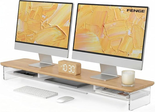 Fenge 42.5" Dual Monitor Stand with Clear Acrylic Legs, Dark Oak | Clear acrylic, storage compartment, 2-tier home office monitor riser, wide large desktop shelf fit monitor/laptop/printer by Fenge