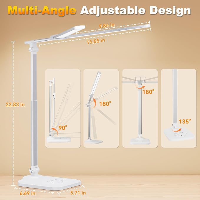 LED Desk Lamp for Office Home, Height Adjustable Architect Desk Light with USB Adapter, Stepless Dimming 50 Lighting Modes, Eye Caring Double Head Computer Desk Lamp for Reading, Study, Workbench - Image 5