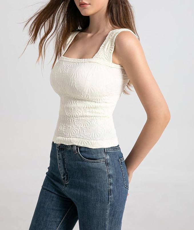 Women's Square Neck Wide Strap Crop Tank Tops Flower Going Out Tops Slim Fit Lettuce Trim Crop Cami Tops - Image 5