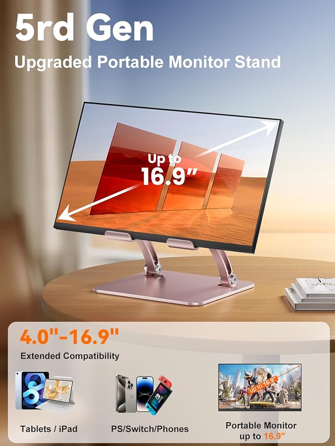 tounee Tablet Holder Stand, Dual Rod Adjustable Aluminum Desktop Stand, Compatible with 4.7-16.9" iPads, Surface Tablets, Portable Monitor, Kindle and More (Rose Gold) - Image 2
