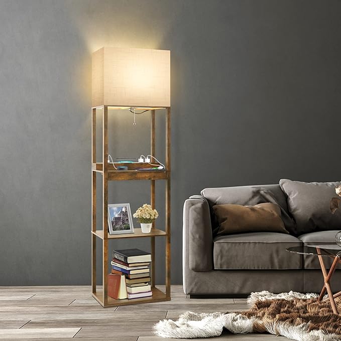 RUNTOP Floor Lamp with Shelves, Plus Shelf Lamp with Wireless Charger, 2 USB Port and Outlet, 1 Drawer, 15W LED Bulb, 3 Colors, Memory Function, Floor Lamps for Living Room, Standing Lamp for Bedroom - Image 7