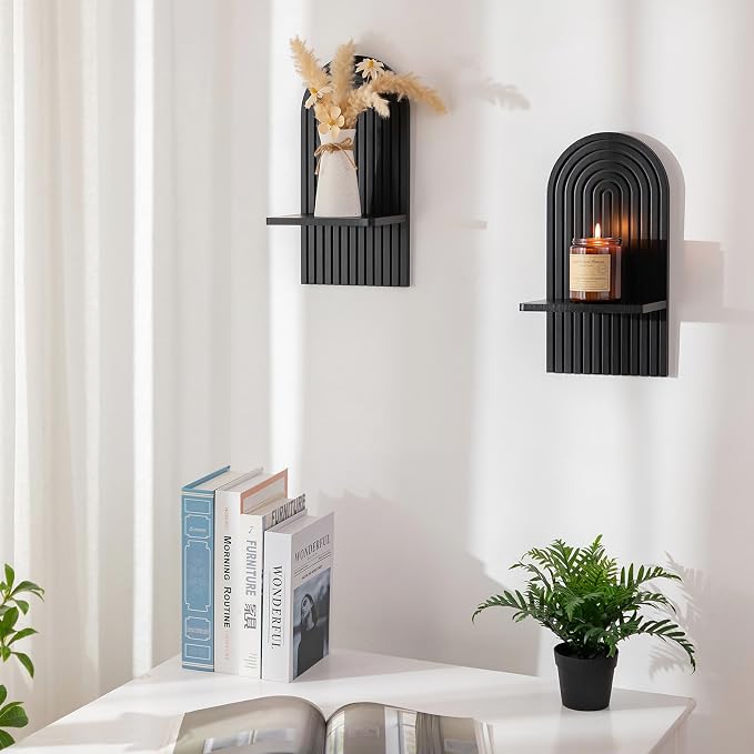 Black Wall Candle Holder: Wood Arch Candle Sconces Set of 2 | Modern Minimalist Shelf, with A Location Board Slot, for Plants Pillars, for Hallway Fireplace Bedroom - Image 6