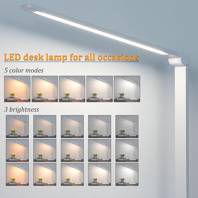 LED Desk Lamp with USB Ports,Touch Desk Lamps for Home Office with 5 Modes | 3 Brightness Desk Light with Small Night Light,Reading Lamp Table Lamp for Bedroom Bedside Study White （with adapter） - Image 2