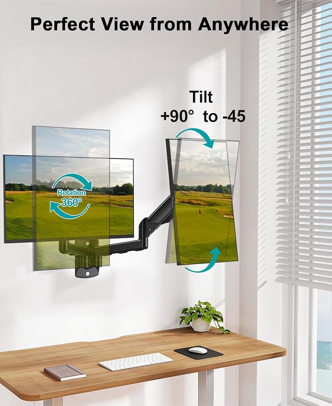 MOUNT PRO Dual Monitor Wall Mount for 2 Computer Screen up to 32 Inch, Gas Spring Double Monitor Arm Holds Up to 19.8lbs Each, Full Motion Adjustable Wall Monitor Mount, VESA Mount 75x75/100x100 - Image 3