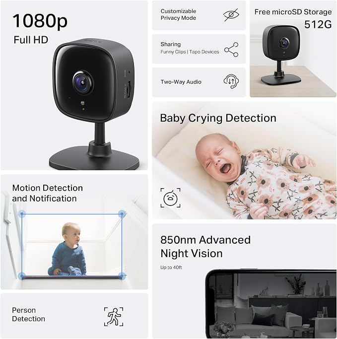 Tapo 1080P Indoor Wired Security Camera - Works as a Baby Monitor & Pet Camera, Motion Detection, 2-Way Audio, Siren, Night Vision, Subscription-Free Local Storage or Optional Cloud, C101 - Image 2