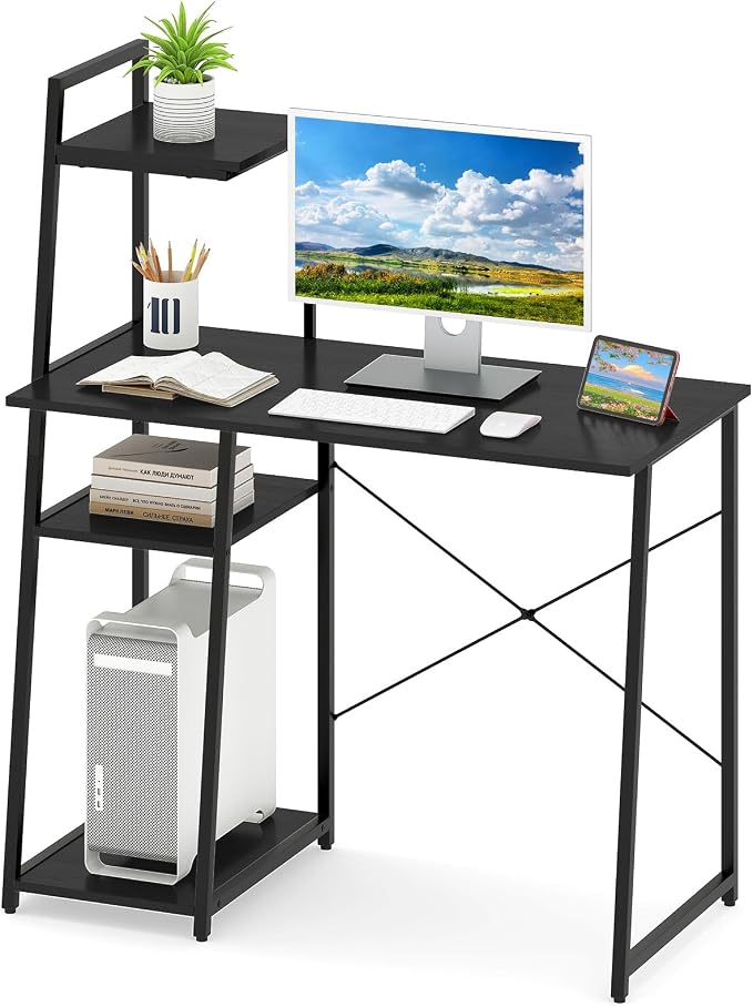 Giantex Computer Desk with Shelves, 47.5” Home Office Desk with Bookshelf, Host Stand, Metal Frame, PC Laptop Workstation, Modern Study Writing Desk for Bedroom, Small Space (Black) by Giantex