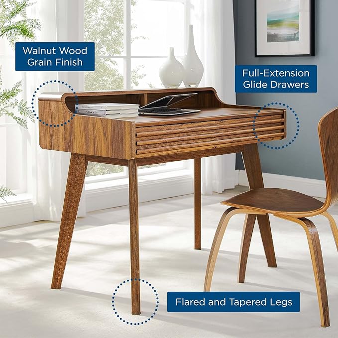 Modway Render Mid-Century Modern Writing Desk in Walnut - Image 9