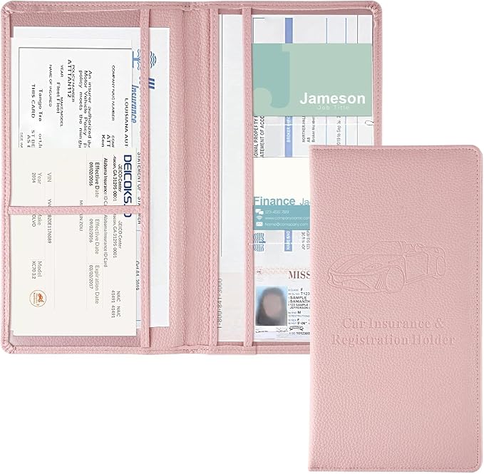 JUSTTOP 2Pack Car Registration and Insurance Holder,Car Document Holder for Cards License with Magnetic Shut,Vehicle Glove Box Car Organizer for Documents, Cards, License(Embossed leather Pink) by JUSTTOP