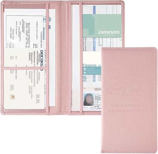 JUSTTOP 2Pack Car Registration and Insurance Holder,Car Document Holder for Cards License with Magnetic Shut,Vehicle Glove Box Car Organizer for Documents, Cards, License(Embossed leather Pink) by JUSTTOP