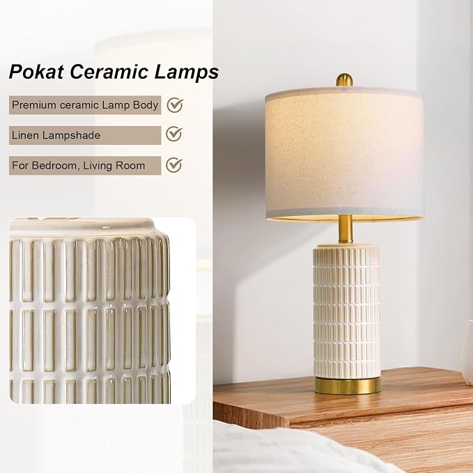 PoKat Small Bedside Table Lamps with USB Ports for Bedroom, 21.5'' White Nightstand Lamps for Night Stands, Modern Ceramic Bedroom Lamps for Living Room End Table, White and Beige - Image 8