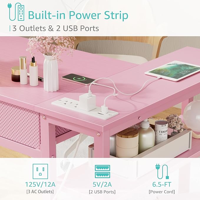 DLisiting Pink Reversible L Shaped Desk with Drawers and Shelves, Small Kids Study Vanity PC Computer Desk with Storage for Girls, Corner L-Shaped Desks for Small Space Bedroom - Image 7