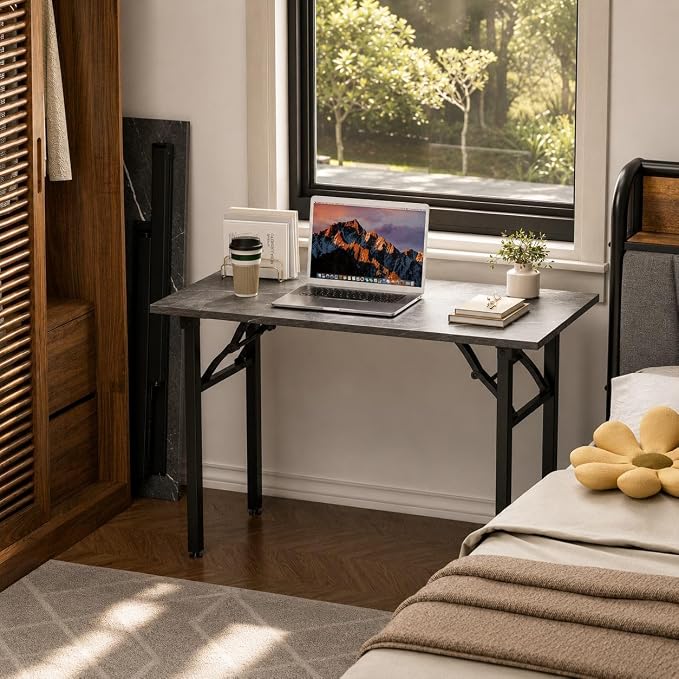 Folding Table Computer Desk - 43.3" No Assembly Folding Desk Design and Foldable Office Desk, Small Desk for Bedroom, Compact Storage Portable Use for Dorm and RV Small Space, Marble Greige - Image 2