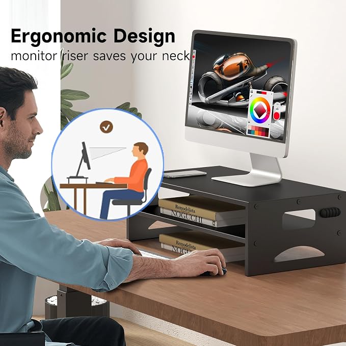 Pholiten Monitor Stand Riser, Desktop Stand, Computer Stand, Ergonomic Design, Two-Level Design, Desktop Organization, Keyboard Smartphone Storage, Printer Stand, Display Stand, 16.5 x 9.3 x 5.6 - Image 3