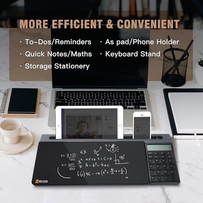 SELEAD Desktop Glass Whiteboard with Calculator, Dry Erase Board Computer Pad Keyboard Stand with Organizer Drawer for Home, School, Office Desk Accessories, Black - Image 2
