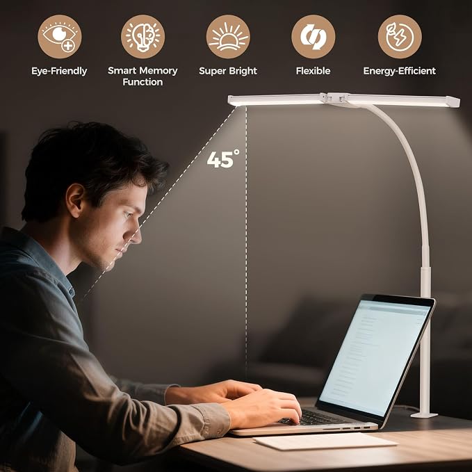 Voncerus LED Desk Lamp for Home Office, Double Head Desk Light with Clamp | 3 Modes 10 Brightness, Long Flexible Goose-Neck, Eye-Caring, Memory Function, Energy Efficient, USB Adapter, Metal, White - Image 5