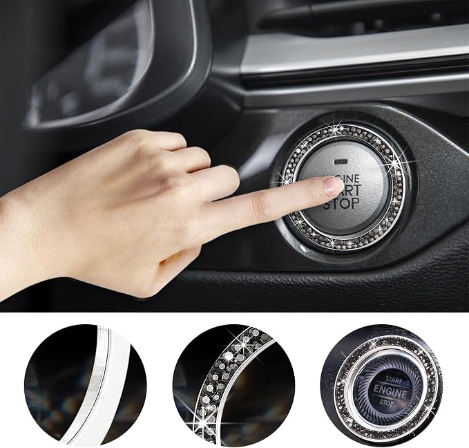 Kewucn Bling Crystal Double Rhinestone Car Engine Start Decoration Ring, Sparkling Push Start Button Sticker, Key Ignition & Knob Ring Decoration, Bling Car Interior Accessory (Bright Black) - Image 4