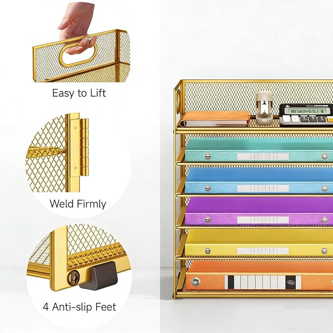 6 Tiers Letter Tray Paper Organizer with Handle, Mesh Desk File Organizer, Metal Desktop Document Shelf Organization, Paper Sorter Organizer for Office, Home or School File Folder Holder (Gold) - Image 2