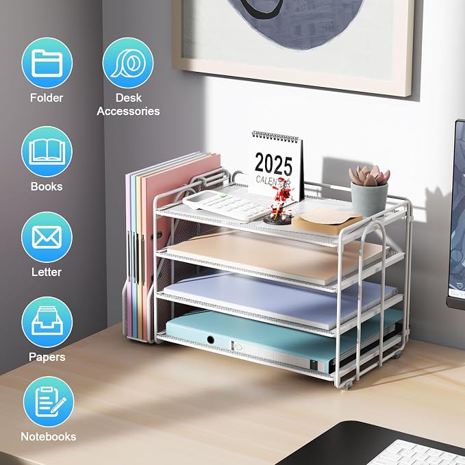 gianotter 4-Tier Paper Organizer With Magazine Holder | Desk Organizers and Accessories, File Organizer for Office Supplies Storag (White, 4-Tier) - Image 2