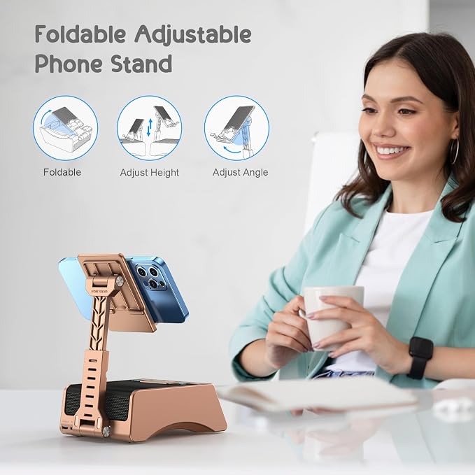 TechGlow Foldable Cellphone Stand with Bluetooth Speaker Charging Station Birthday Gifts for Men Women Mother Father Boy Girl Teens Cool Tech Gadgets-Rose Gold - Image 4