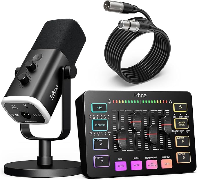 FIFINE Gaming Equipment Bundle, Dynamic XLR/USB Gaming Microphone Set with Streaming Audio Mixer for Podcast Recording Video Vocal, RGB Gamer Set with Volume Fader/XLR Interface for PC-AmpliGame KS5 by FIFINE