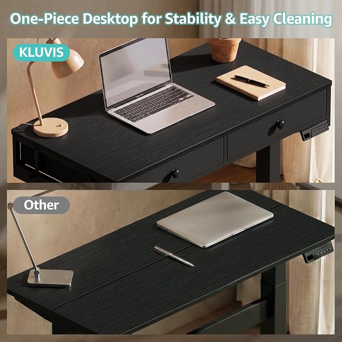 KLUVIS Black Sit Stand Desk with Drawers, 32 Inch Electric Standing Desk with Storage, Small Space Stand Up Computer Desks for Home Office Bedroom, Study Writing Desks for Walking Pad - Image 4