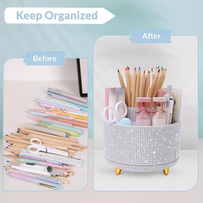 SKYDUE 360 Degree Rotating Desk Organizer, Shining Dual-Purpose Rhinestone Pencil Pen Holder, Rotating Desk Pen Organizer with 5 Slots, Rhinestone Pencil Cup for Office, School, Home - Image 5