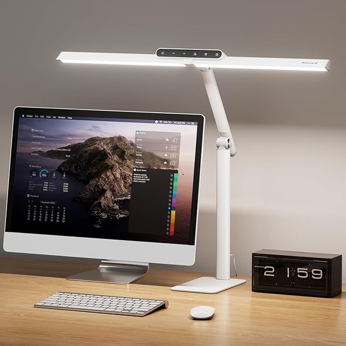 Honeywell LED Desk Lamp with Base - HJ1WT Sunturalux Eye-Caring Architect Desk Lamp for Home Office, 1200LM Computer Desk Light 4 Color Modes Stepless Dimming Task Desk Light with Timer Function White by HoneywellAirComfort