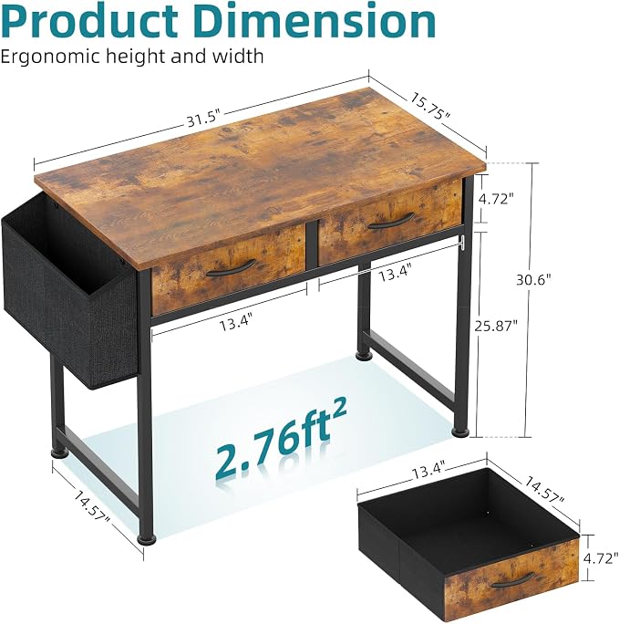 CAIYUN Computer Office Desk for Small Space with Fabric Drawers, Home Office Desk for Bedroom with Side Pocket and Hook, 31 Inch Brown Kid’s Desk, Writing Desk, Study Table and Work Desk - Image 3
