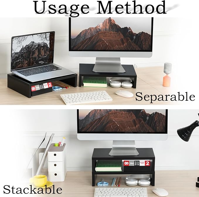 TEAMIX Wood Monitor Stand Riser-2 Pack, 2 Tier Adjustable Monitor Stand Dual Monitor Riser for 2 Monitors/Laptop/PC Black Computer Stand for Desk - Image 2